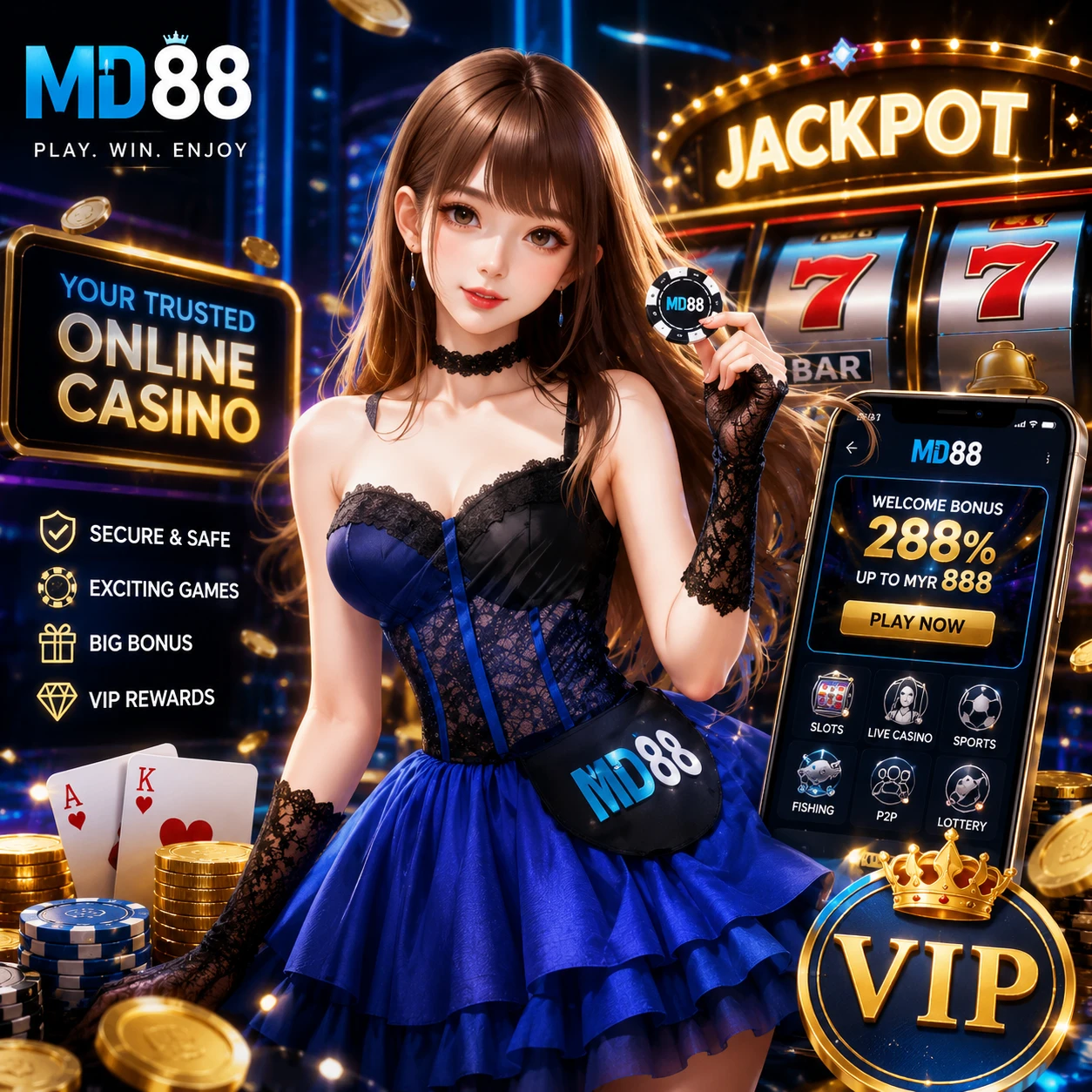 mobile app — hand holding smartphone displaying MD88 casino app interface, dark neon background