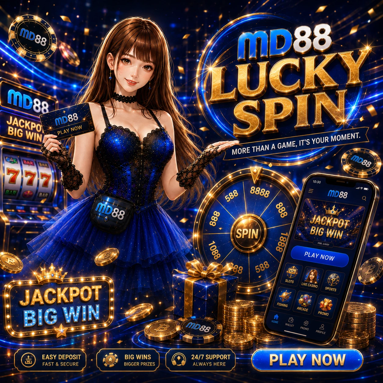 casino registration excited Malaysian player on phone celebrating, casino atmosphere, neon lights