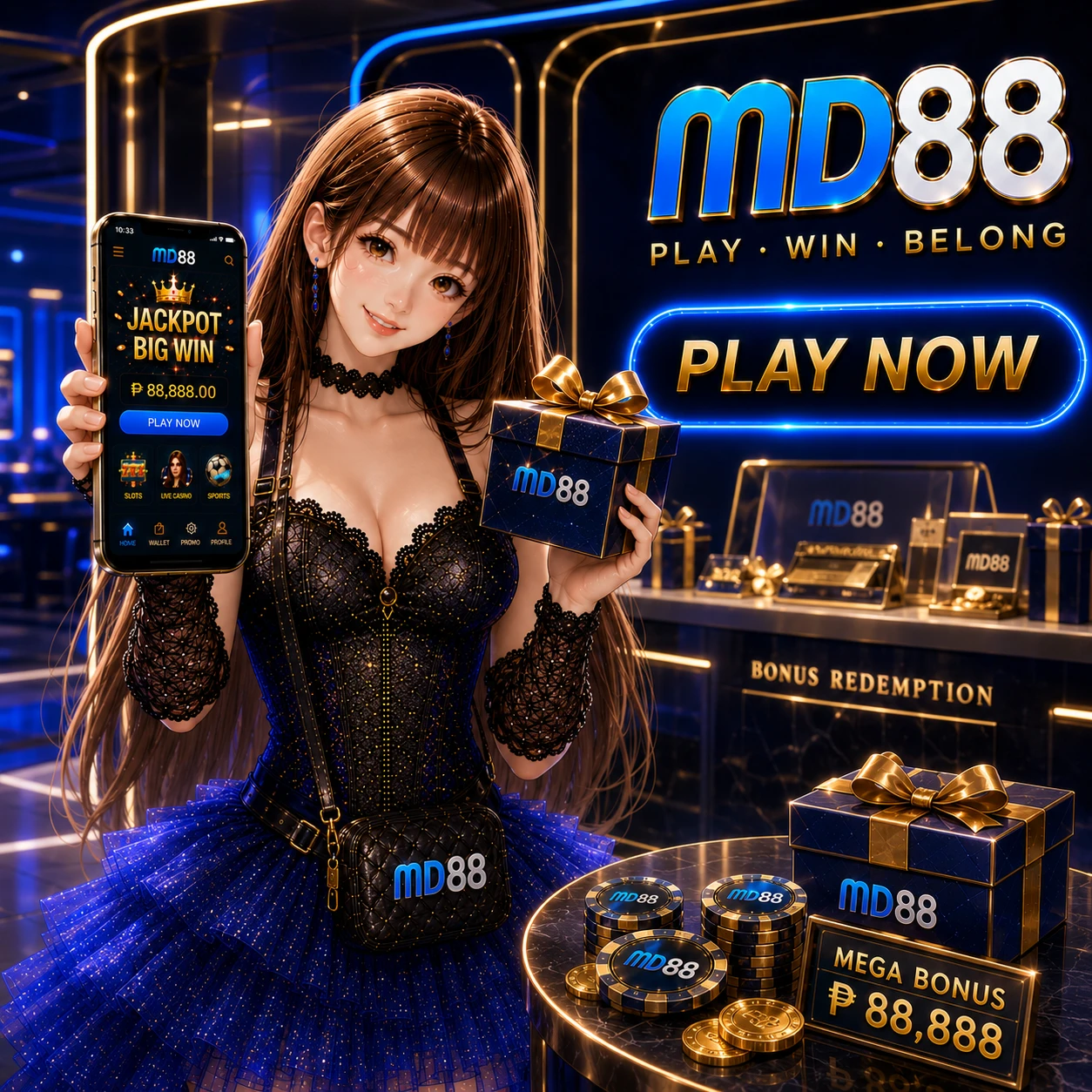 affiliate success successful Malaysian entrepreneur on phone, business growth charts, modern office neon lighting
