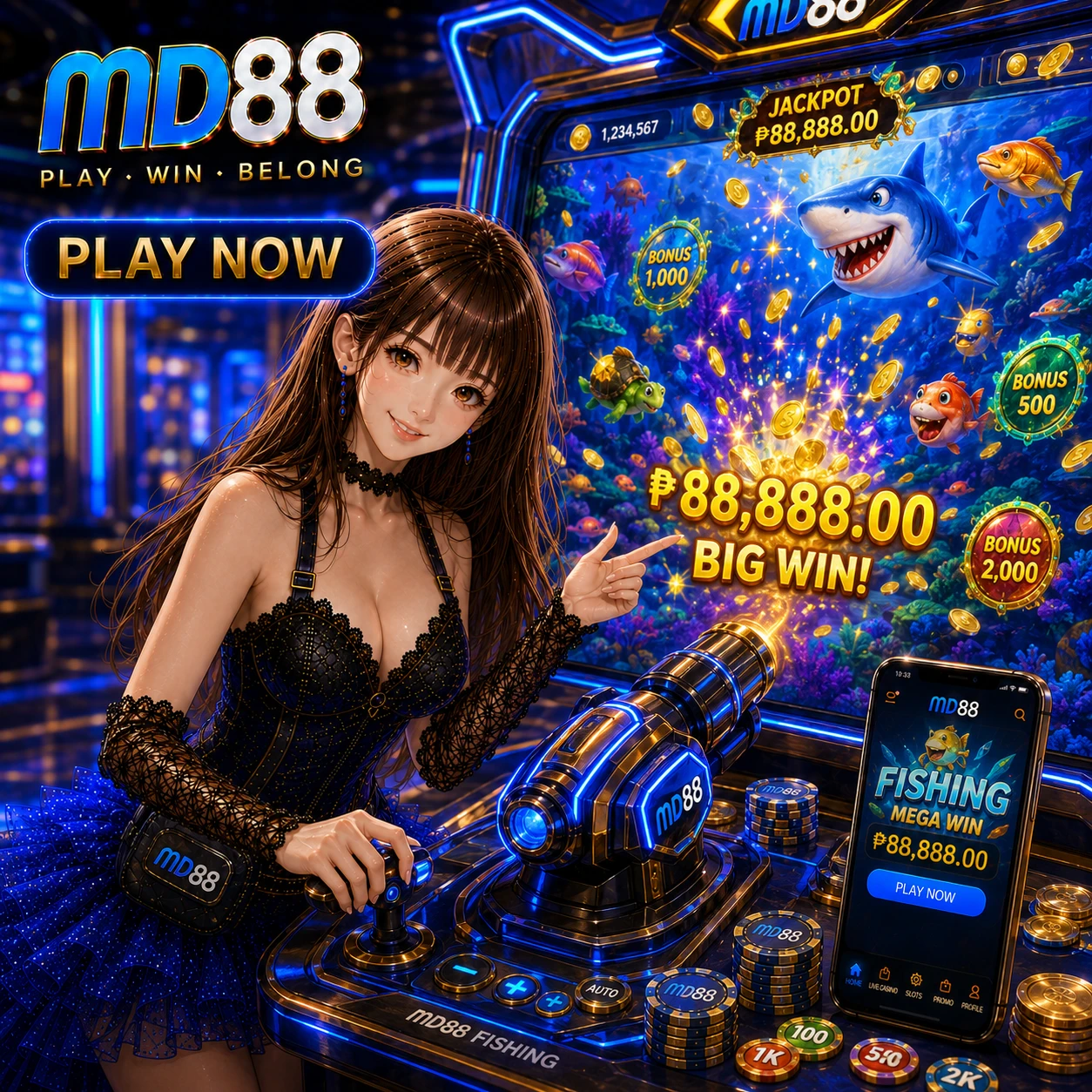 game categories collage slots reels, baccarat table, sports betting odds board, fishing game scene, dark neon background